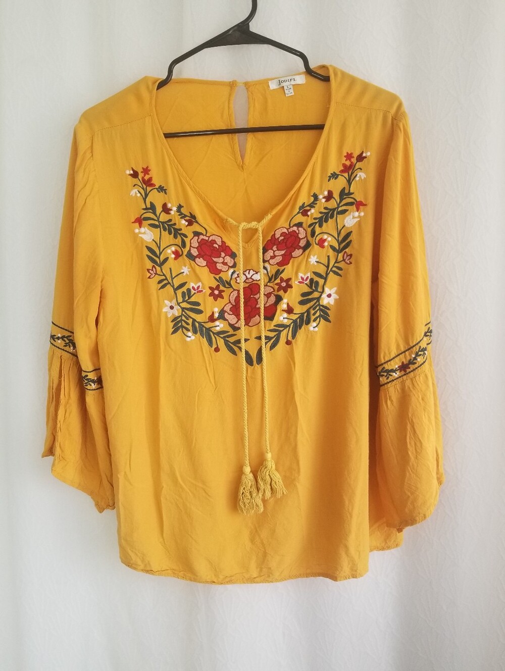 JODIFL Mustard Yellow Embroidered Boho Peasant Blouse Large